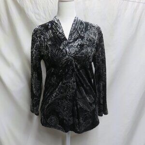Jones New York Black & Silver Paisley Twist Front Blouse